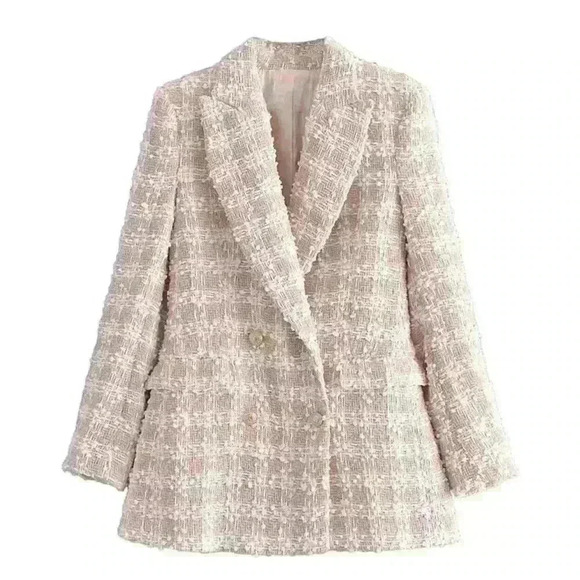 Jackets & Blazers - Beige Nude Plaid Tweed Blazer